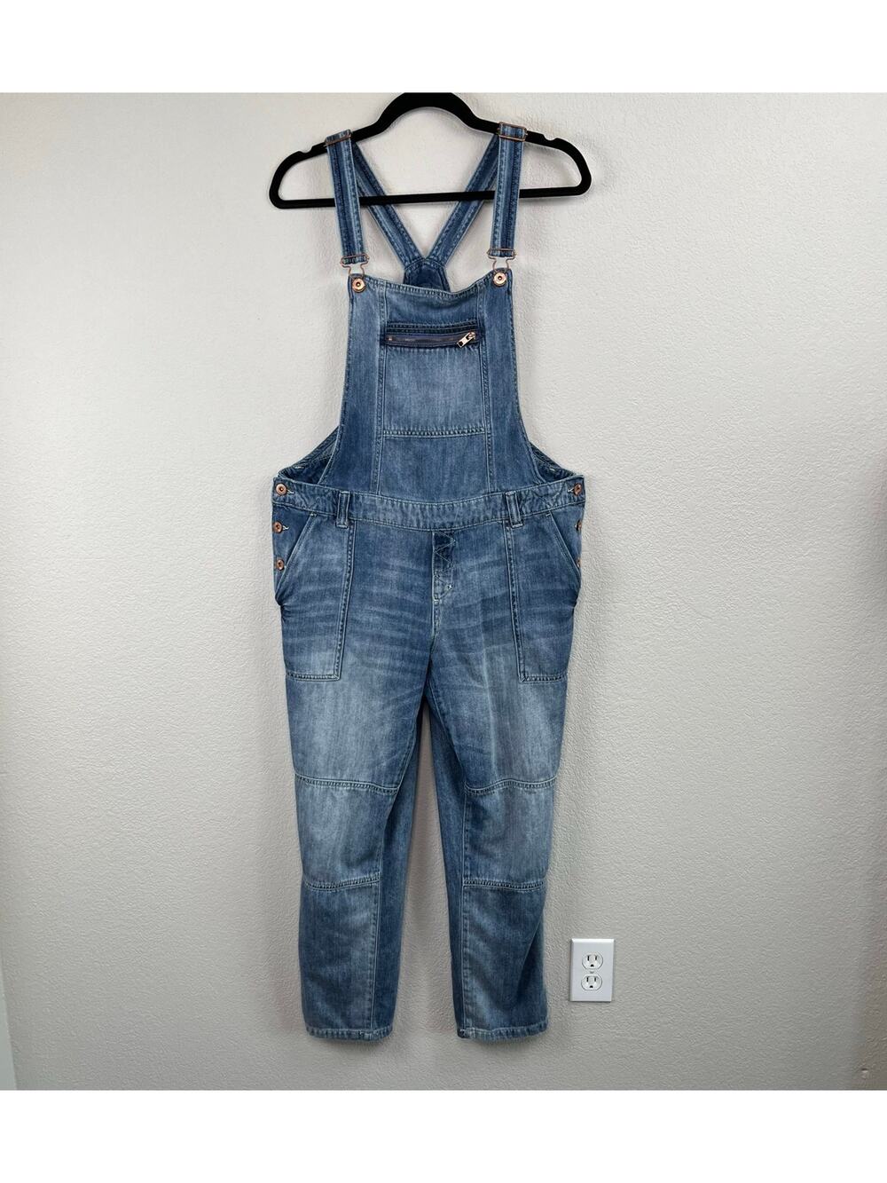H&M LOGG Rigid Denim Straight Leg Overalls Blue Jeans Bib Pocket Jumpsuit M